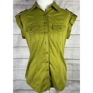 Worthington Stretch Blouse Green Button Front Short Sleeve Size S